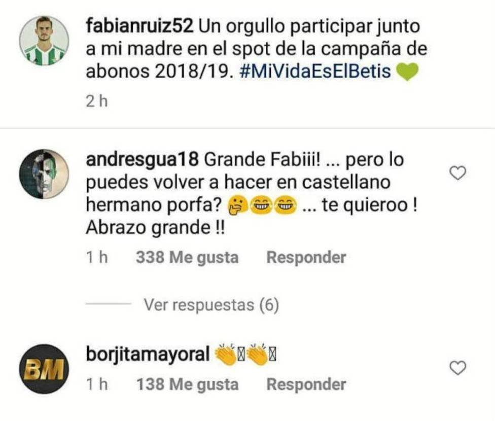 Fabián Ruiz 'ficha' a Mayoral para el Betis a través de su Instagram