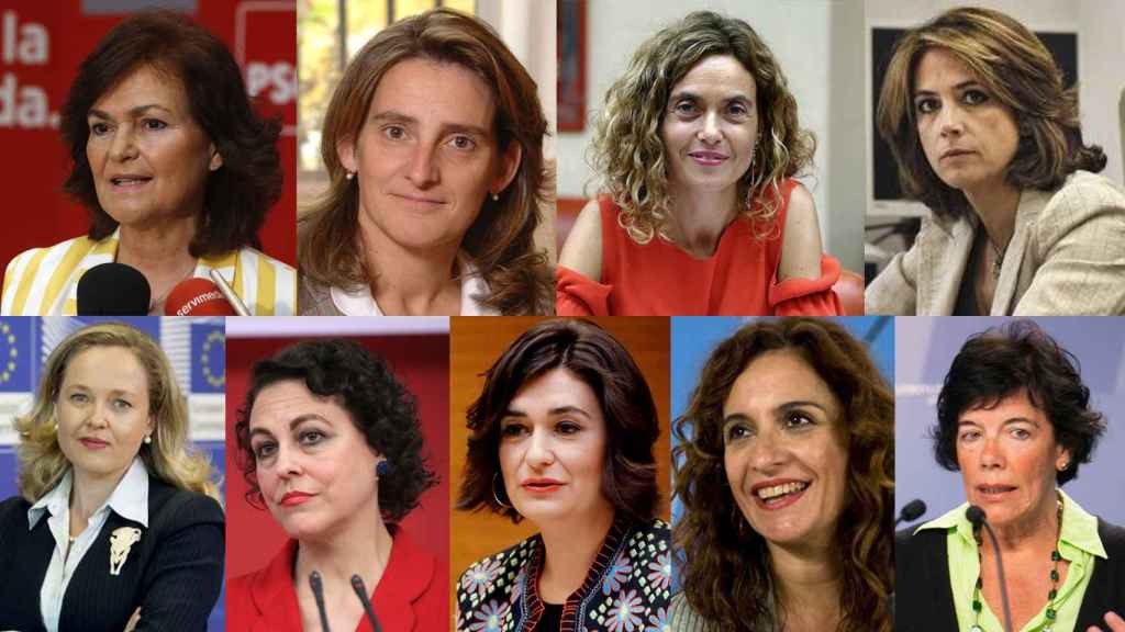 Carmen Calvo, Teresa Ribera, Meritxell Batet, Dolores Delgado, Nadia Calviño, Magdalena Valerio, Carmen Montón, María Jesús Montero e Isabel Celáa.
