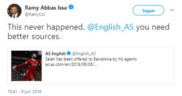 El agente de Salah desmiente una oferta del Barcelona