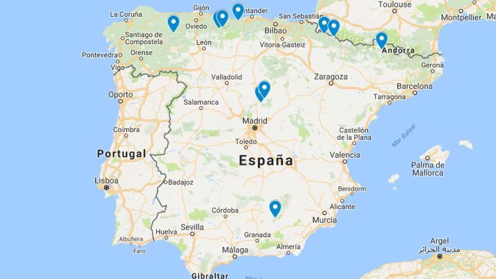 Localización de los bosques primarios de España.