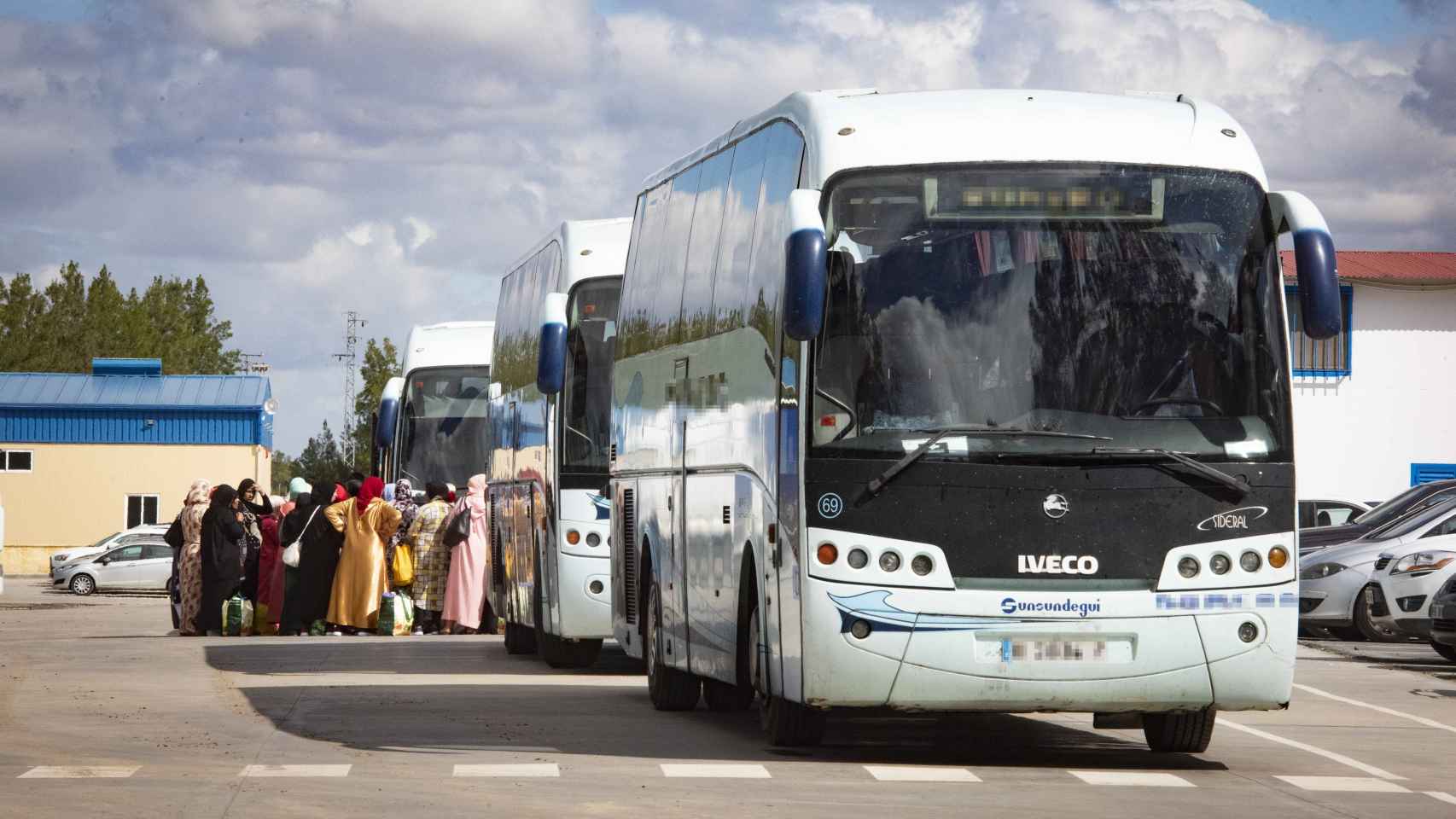 Tres autobuses esperan la subida de las jornaleras marroquíes para trasladarlas por carretera hasta Tarifa (Cádiz) / MARCOS MORENO