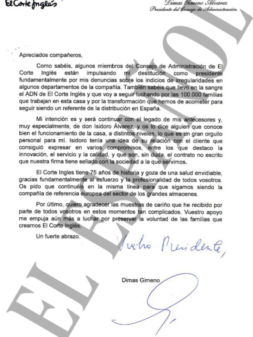La carta de Dimas Gimeno a sus empleados.