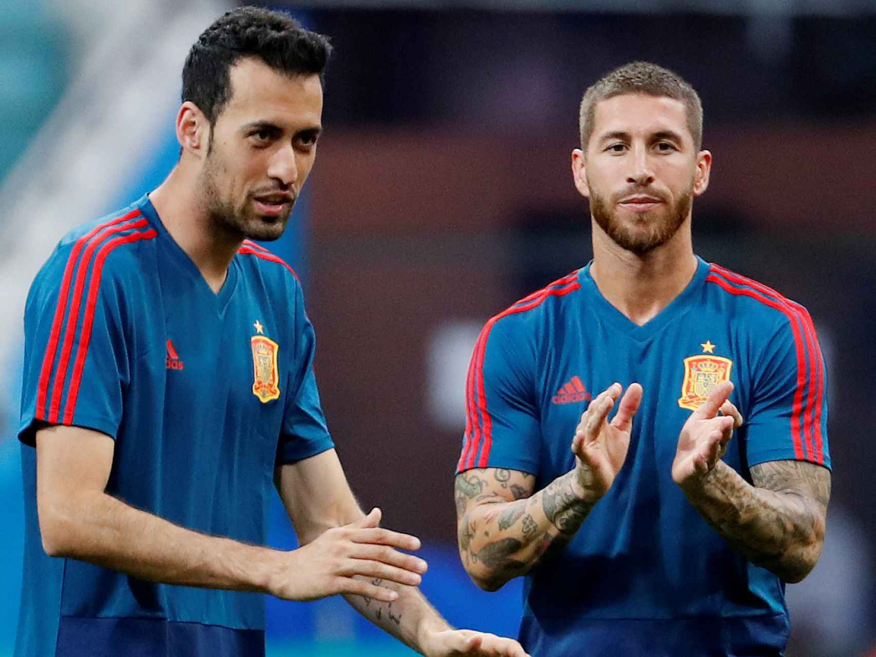 Sergio Ramos, Busquets y Jordi Alba en el entrenamiento de España.