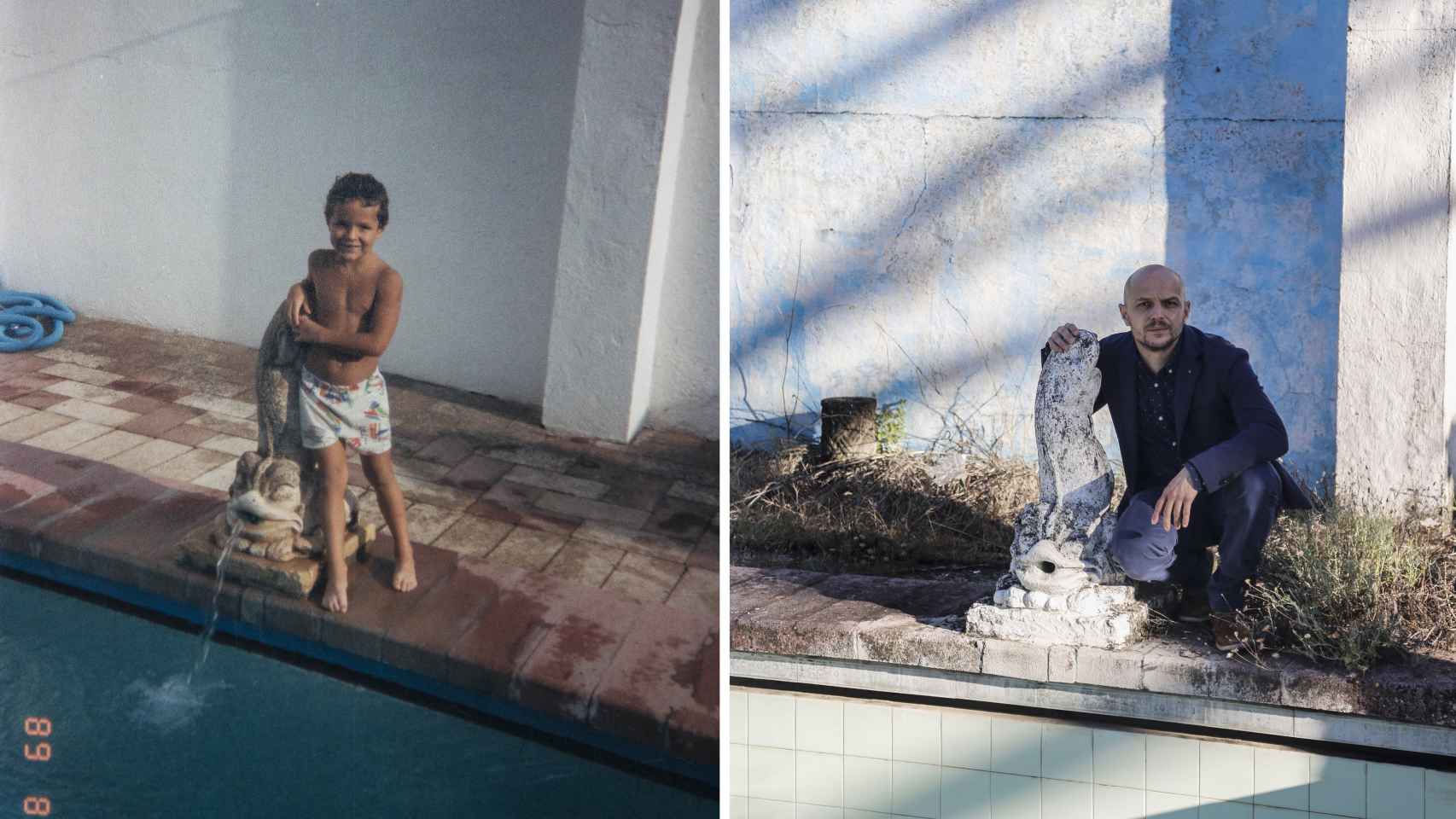 a la izquierda, Francisco, de pequeño, en la piscina de la casa de su por entonces padrino, el doctor Muñoz Cariñanos. En la derecha, en el mismo lugar en la actualidad. Fotos CEDIDA - Fernando Ruso