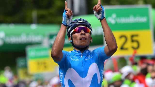 Nairo Quintana celebra su victoria en la séptima etapa de la Vuelta a Suiza.