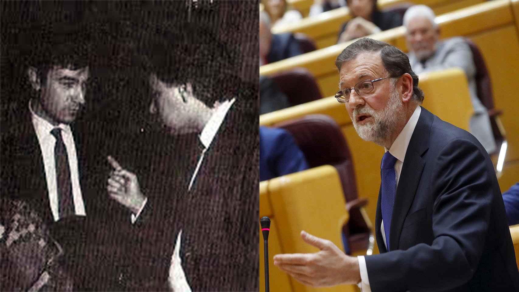 A la izquierda, Felipe González abronca a Pedro J. en 1987 por sus informaciones sobre los GAL. A la derecha, Rajoy en el Senado en 2013, cuando acusó de mentiroso a Pedro J. Ramírez por sus informaciones sobre la trama Gürtel.