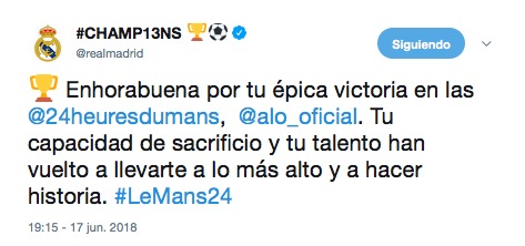 El Madrid felicita a Alonso tras ganar las 24 horas de Le Mans