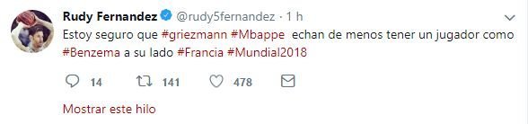 Captura del tuit de Rudy Fernández sobre Benzema.