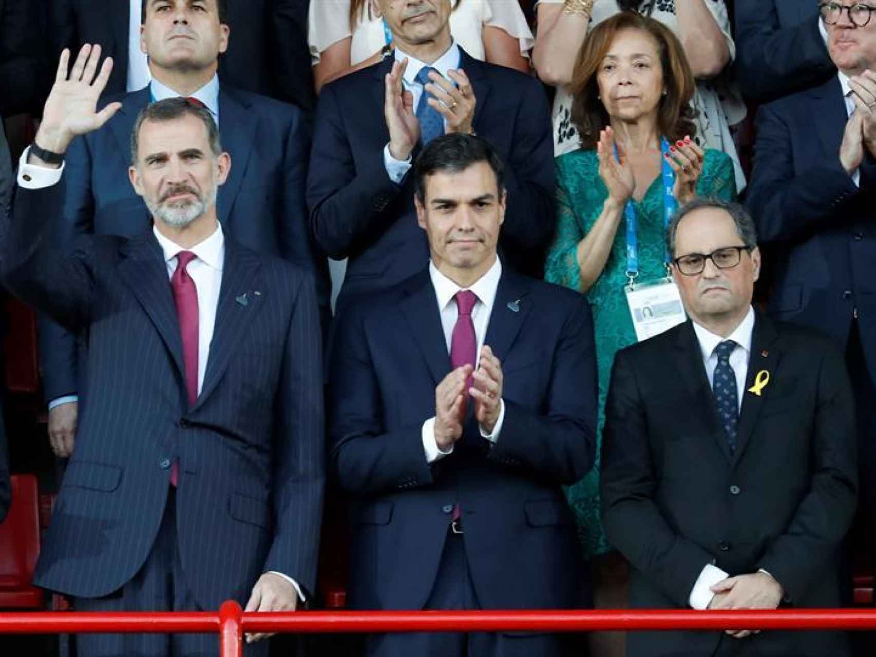 Quim Torra y Pedro Sánchez junto al Rey Felipe VI en la inauguración de los Juegos Mediterráneos.