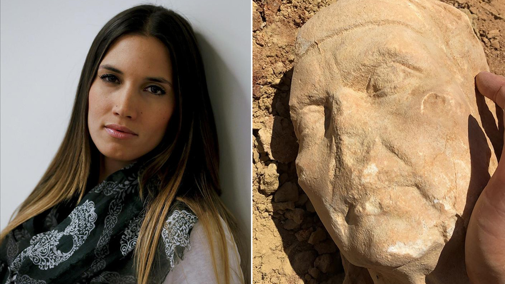 La artista cordobesa India Martínez junto al busto que se ha encontrado.