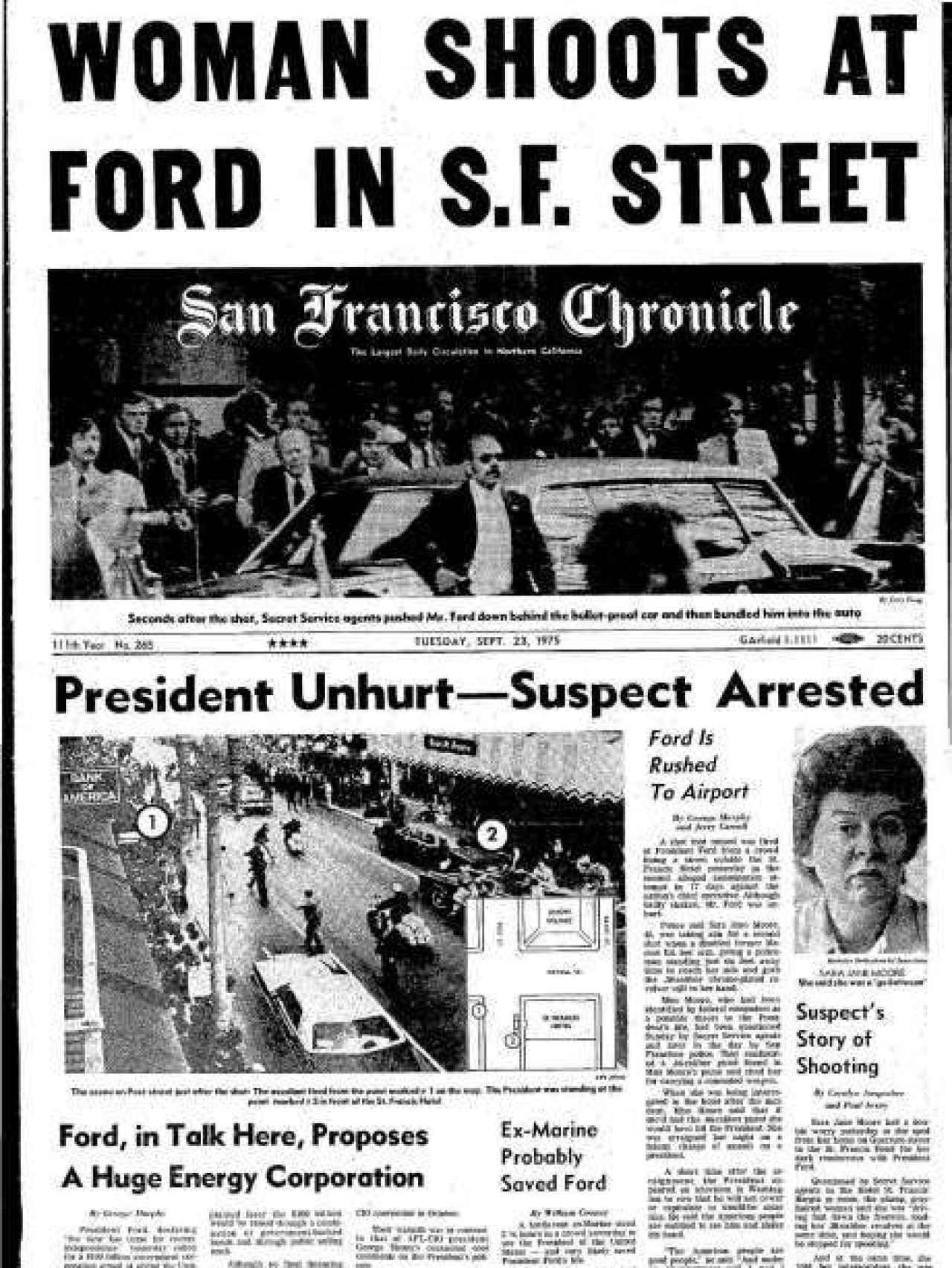 Portada del San Francisco Chronicle el día después del intento de asesinato del presidente Ford.