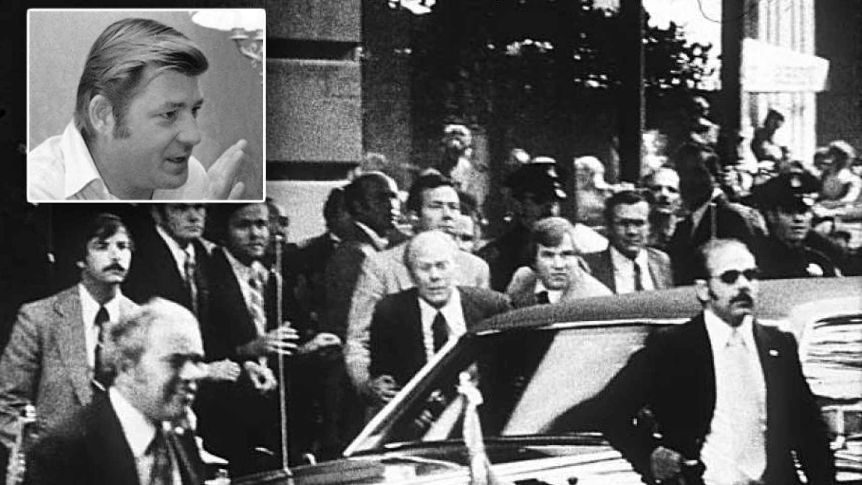 Oliver Sipple (i) y un instante del asesinato del presidente estadounidense Gerald Ford.