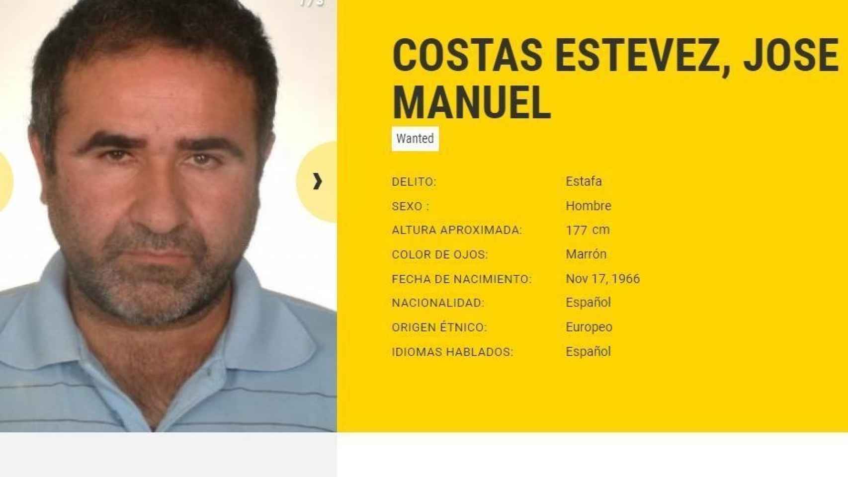Imagen de la web de la Europol con los datos de José Manuel Costas.