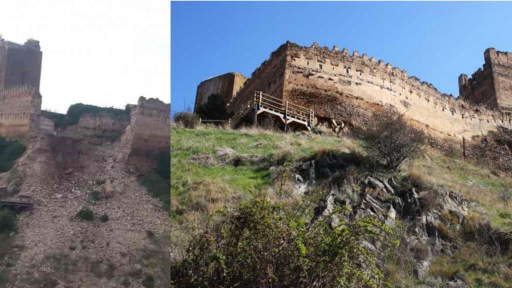 El castillo de Vozmediano antes y después del derrumbe.