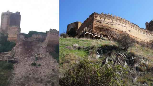 El castillo de Vozmediano antes y después del derrumbe.
