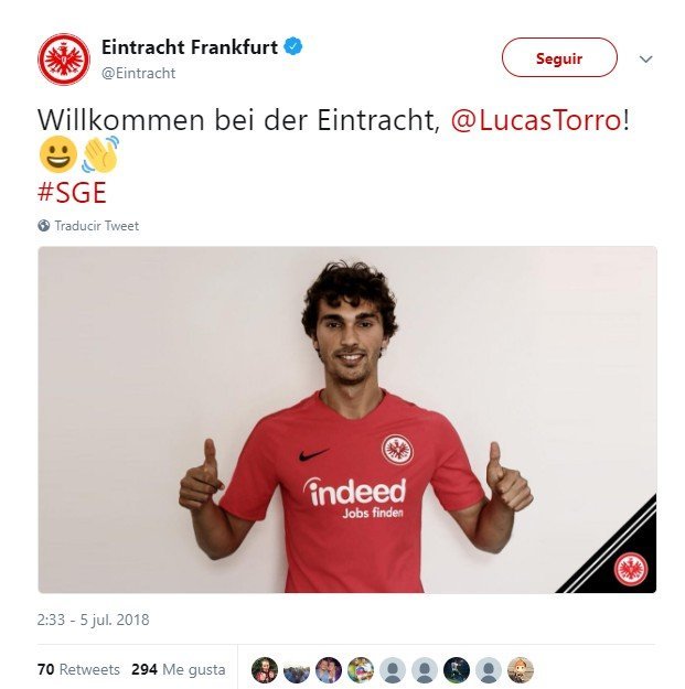 Lucas Torro ficha por el Eintracht de Frankfurt.Foto: Twitter (@Eintracht)