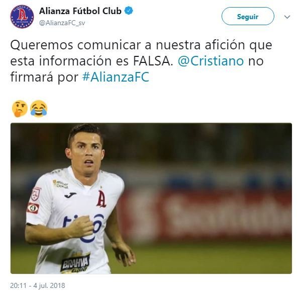 Captura del tuit del Alianza Fútbol Club sobre Cristiano