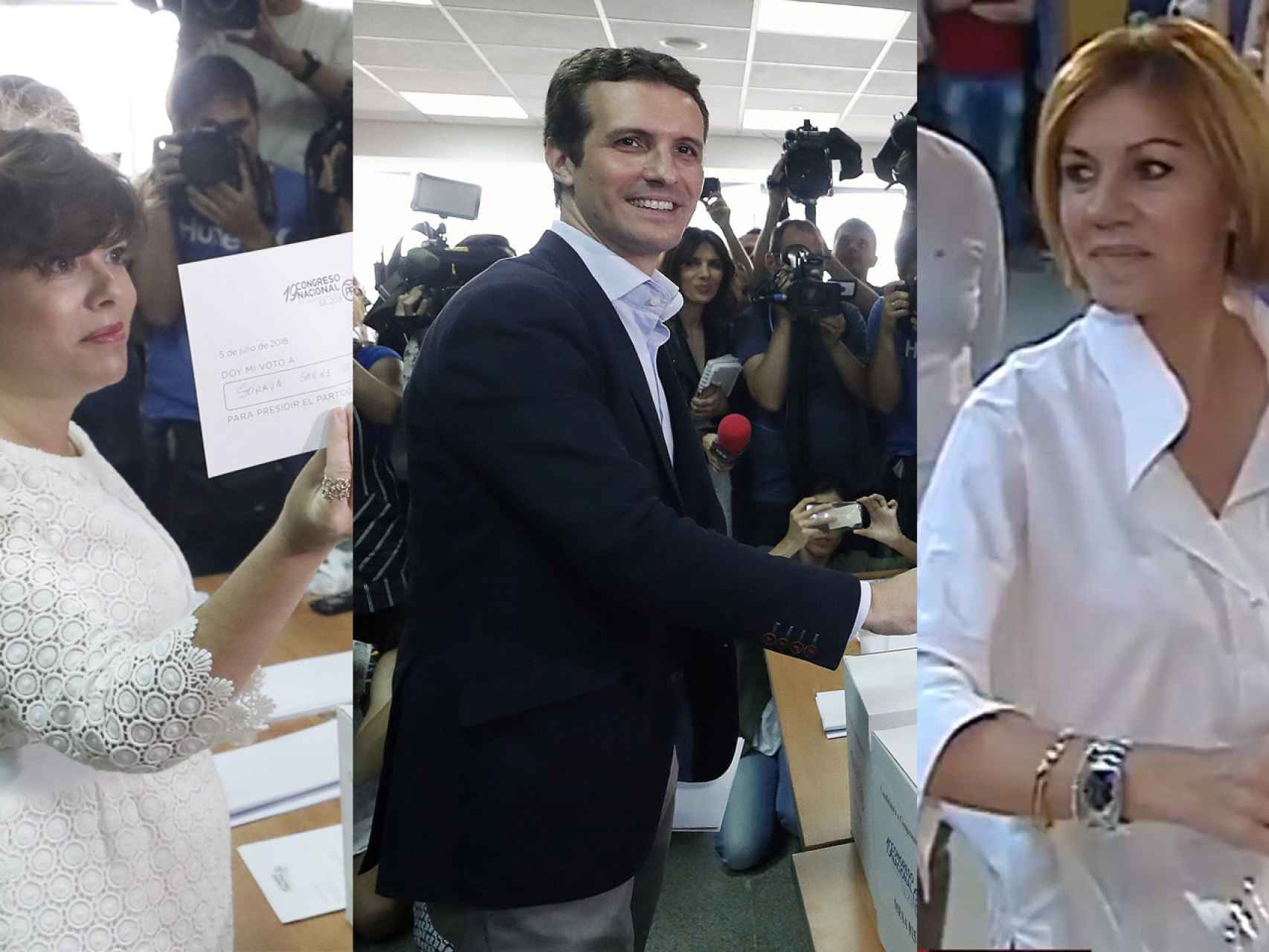 Soraya Sáenz de Santamaría, Pablo Casado y María Dolores de Cospedal, en el momento de sus votaciones.
