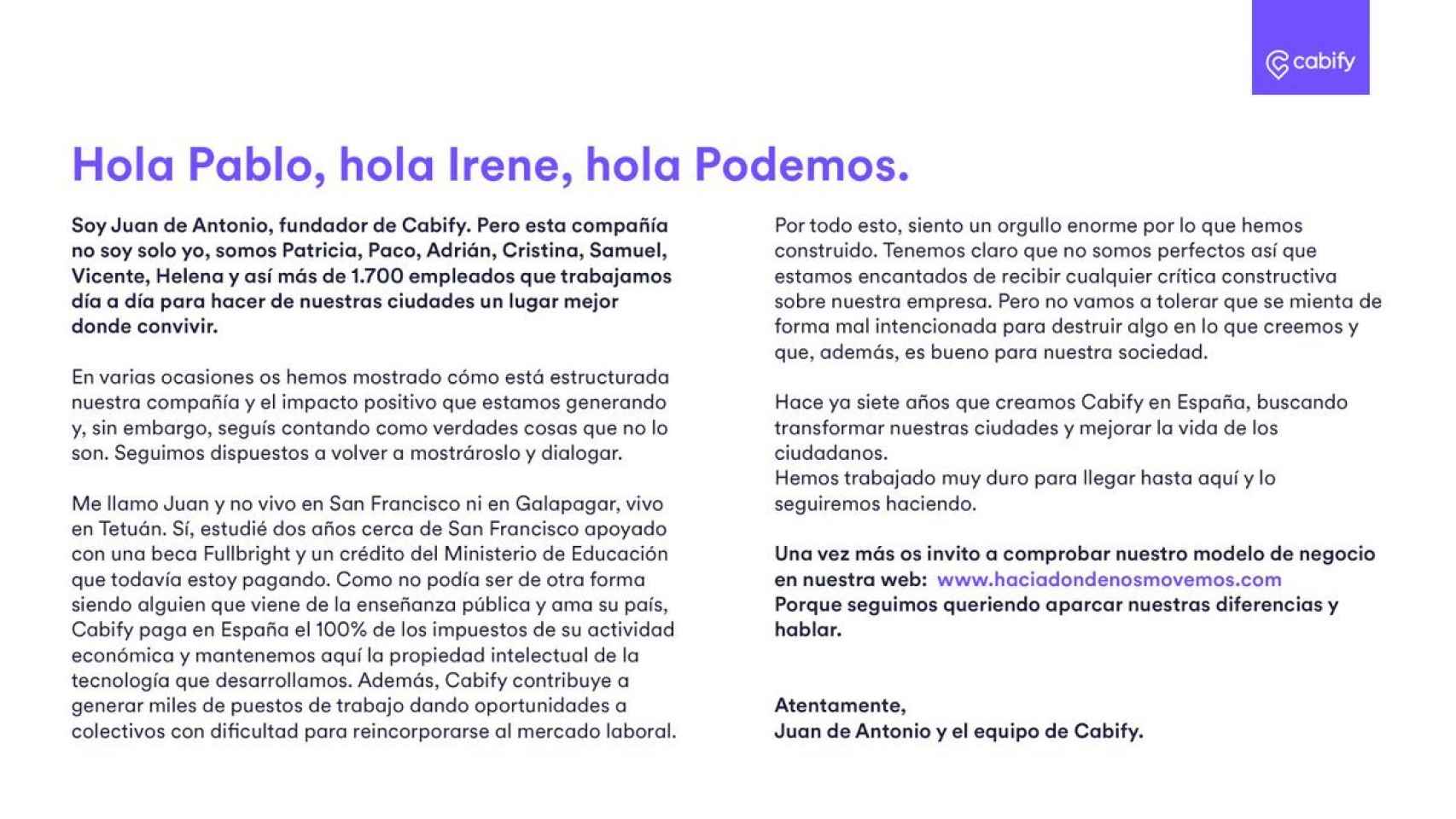 Carta  de Cabify en respuesta a Pablo Iglesias