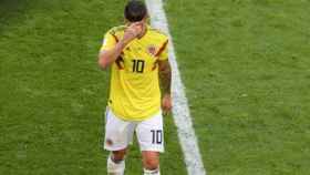 James Rodríguez, al ser sustituido por lesión. Foto: Twitter (@fifaworldcup_es).