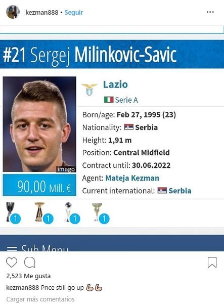 Instagram de Mateja Kezman, agente de Milinkovic-Savic