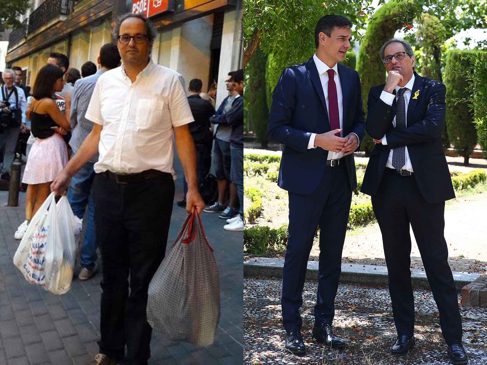 Quim Torra, a la puerta de la sede del PSOE en la madrileña calle Ferraz en 2016 y junto a Pedro Sánchez en La Moncloa en julio de 2018.