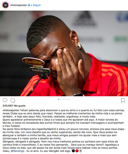 La emotiva carta de despedida de Vinicius del Flamengo