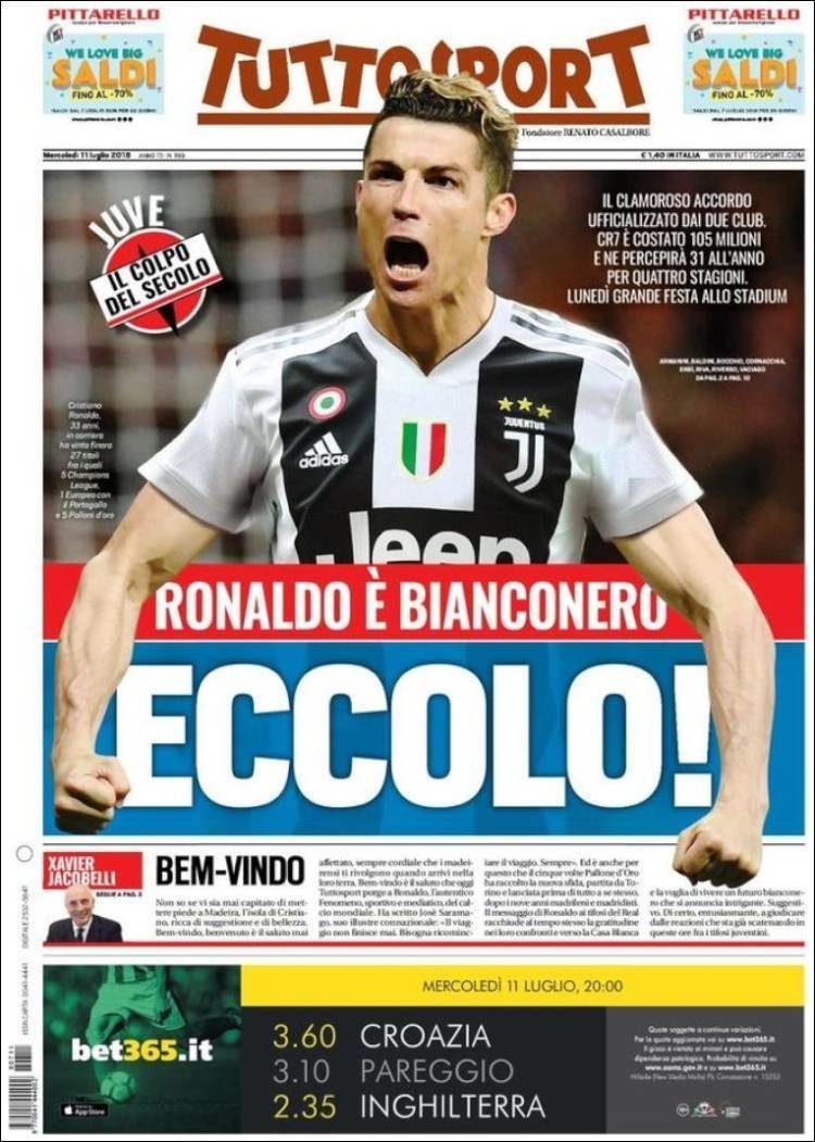 Las portadas italianas celebran la llegada de Cristiano