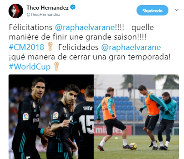 Theo felicita a Varane por ganar el Mundial