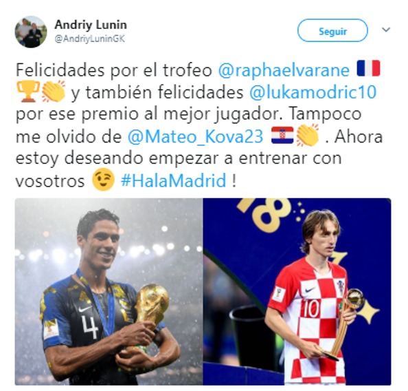 El mensaje de Lunin a Varane, Modric y Kovacic después de la final del Mundial