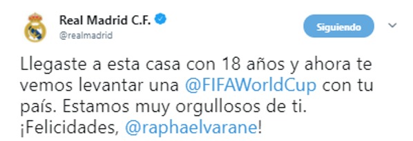 La felicitación del Real Madrid a Varane por ganar el Mundial