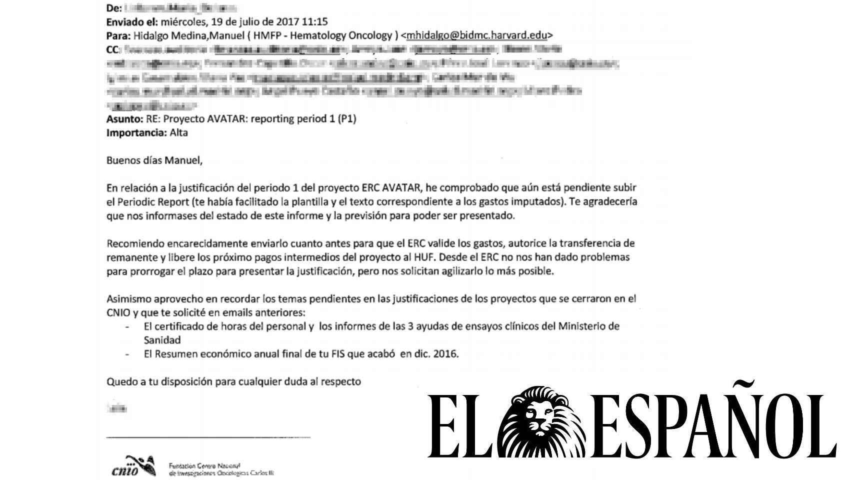 El CNIO pide a Hidalgo los datos de investigación del ERC AVATAR ocho meses después de su despido.