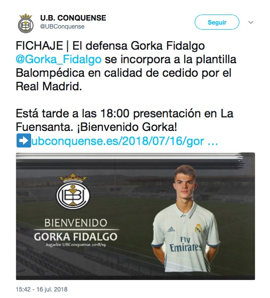 El Real Madrid cede a Gorka Fidalgo al Conquense