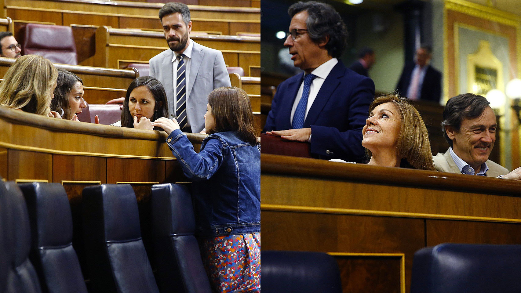 A la izquierda, Adriana Lastra charla preocupada con las diputadas de Podemos Ione Belarra y Noelia Vera. A la derecha, Cospedal y Hernando sonríen tras el fracaso de la renovación de RTVE.