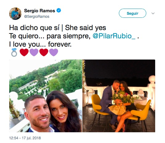 Sergio Ramos anuncia su boda con Pilar Rubio: Ha dicho que sí