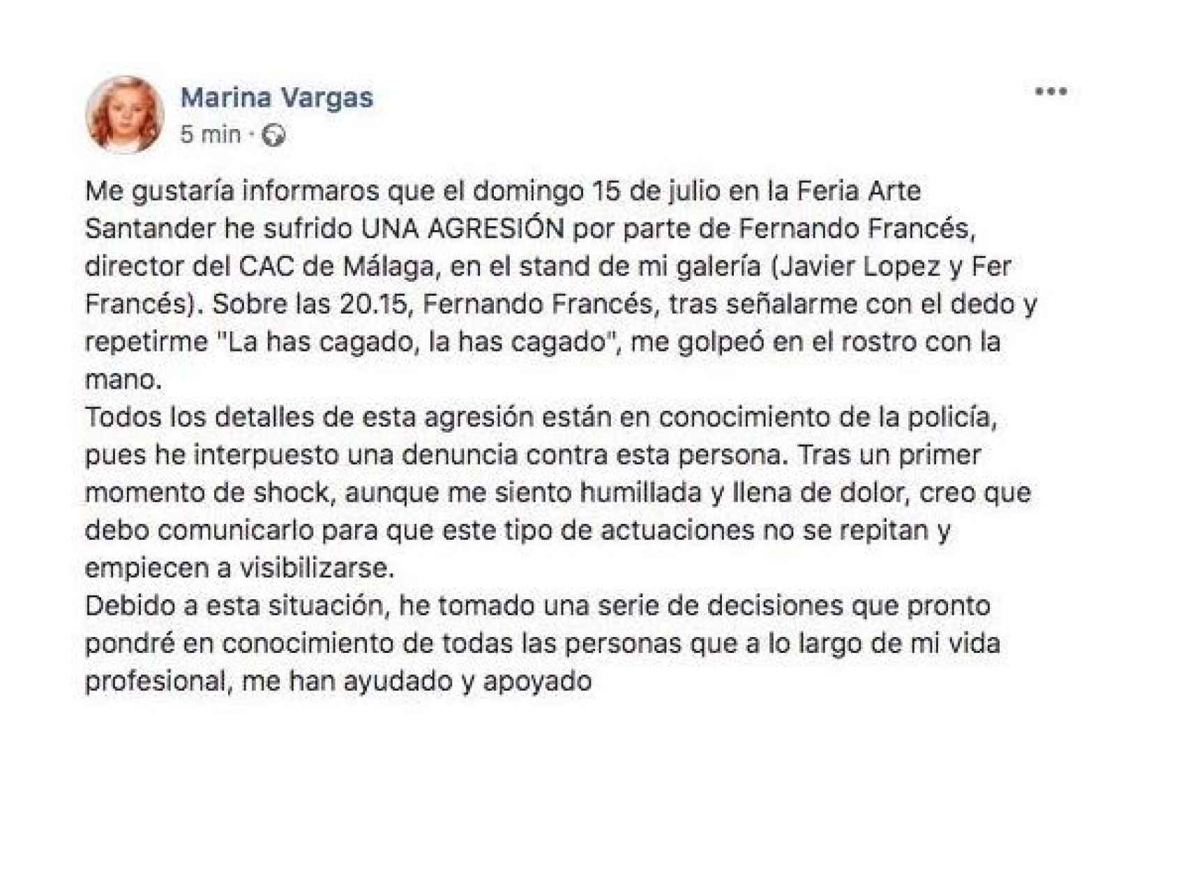 El texto publicado por Marina Vargas en su muro de Facebook.