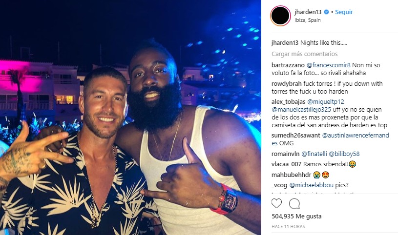 Sergio Ramos feliz junto a James Harden en Ibiza.Foto: Instagram (@jharden13)
