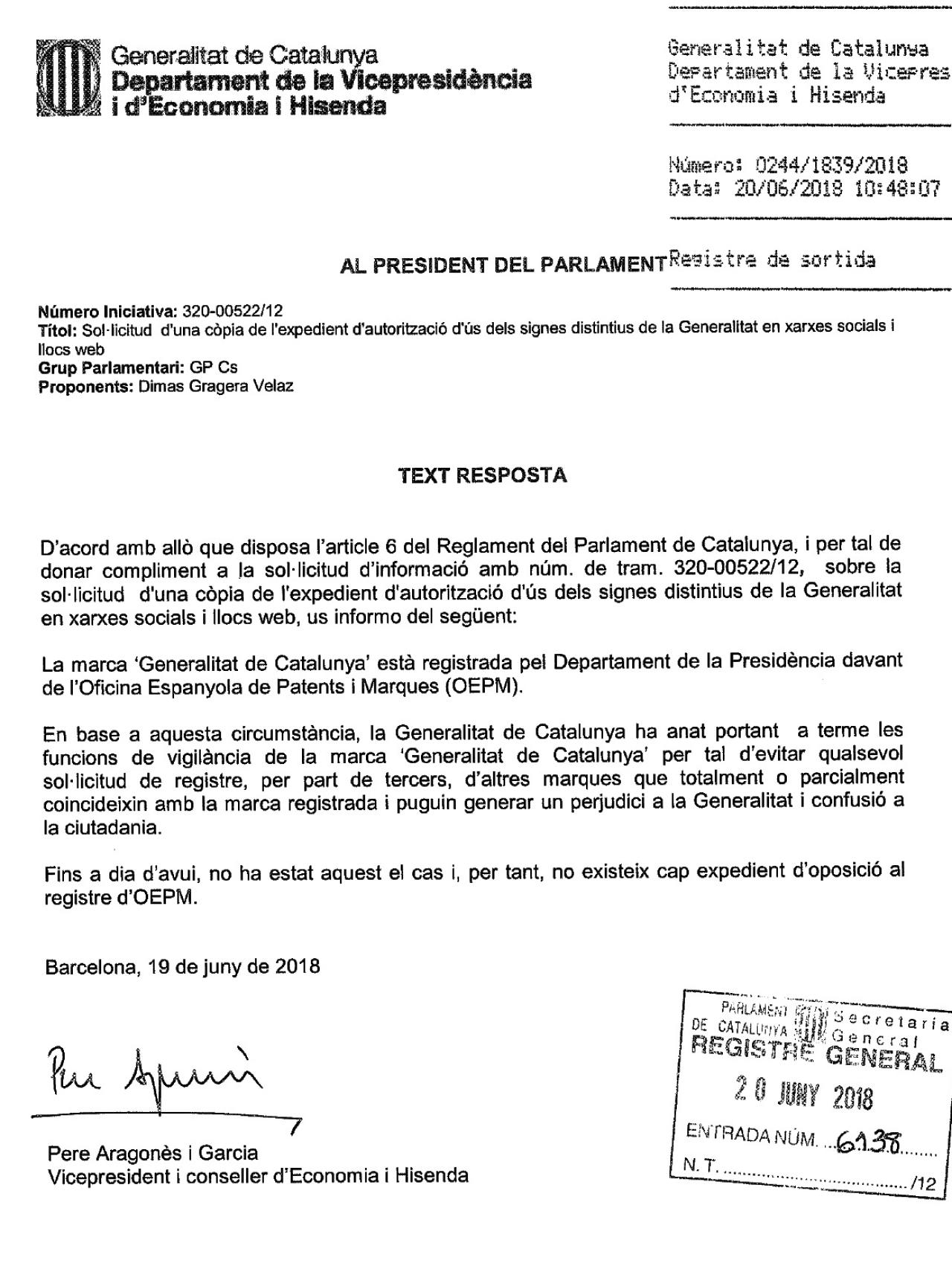 Texto de respuesta de Pere Aragonès a la reclamación de Ciudadanos por el uso no autorizado del logo de la Generalidad.