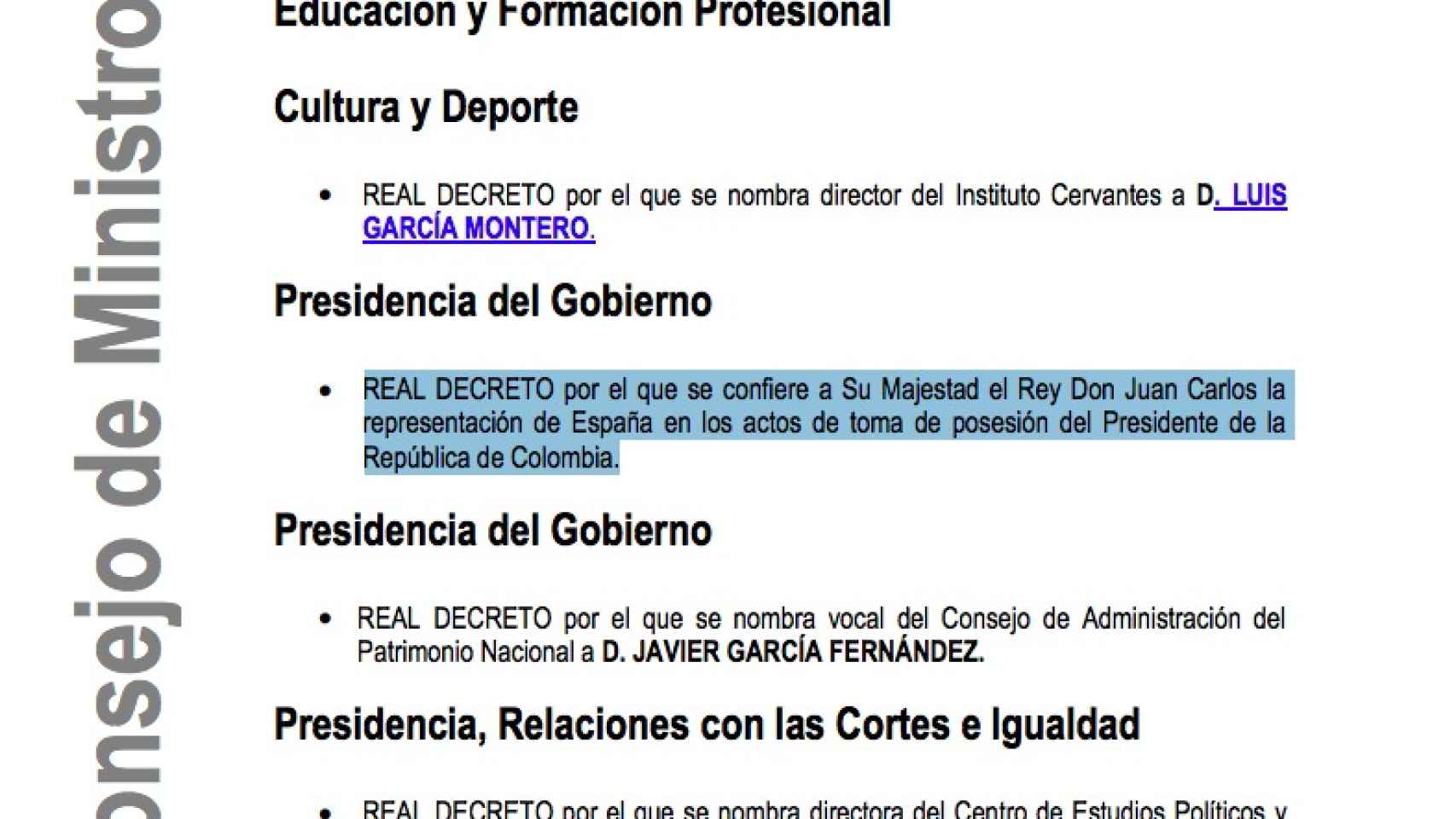 Imagen del pdf de la referencia del Consejo de Ministros en el que figura el encargo a Juan Carlos I.