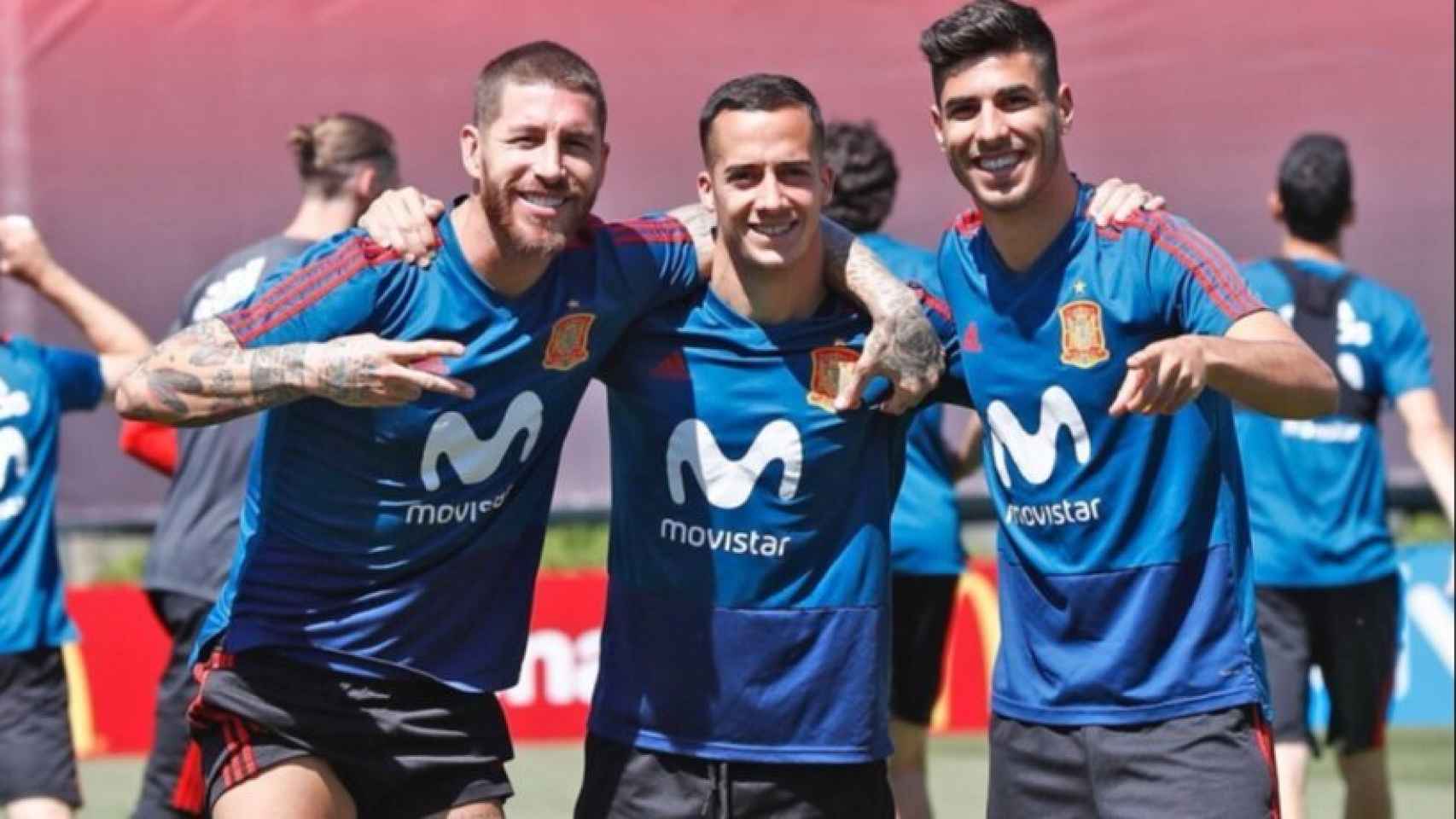 Ramos, Lucas y Asensio en el entrenamiento de la Selección. Foto: Instagram (@marcoasensio10)