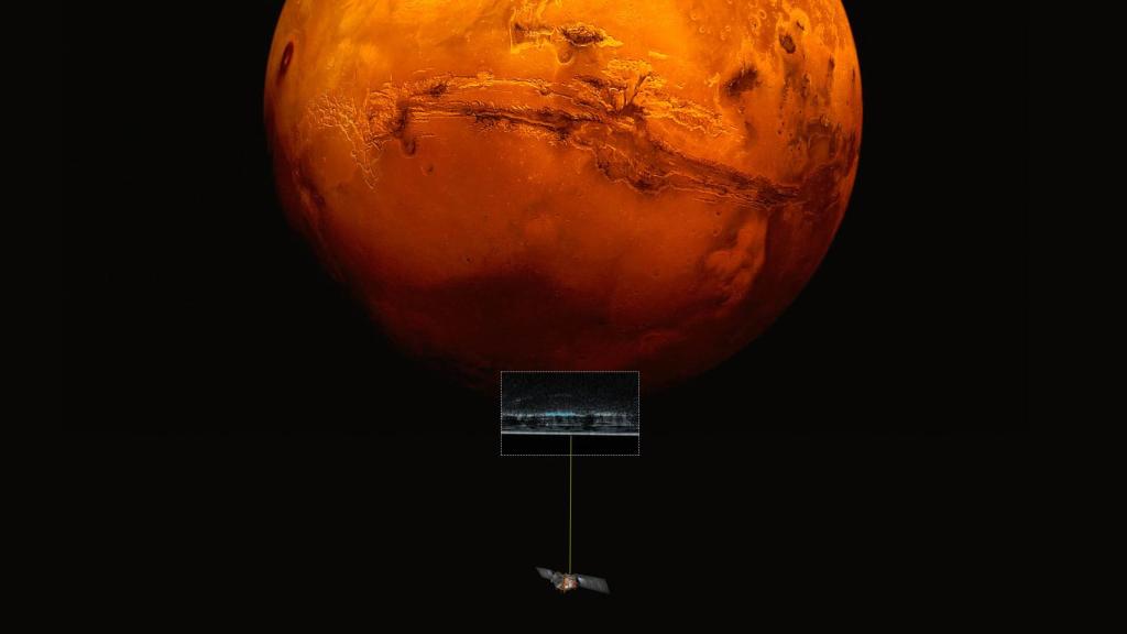 Representación del satélite Mars Express registrando el Polo Sur de Marte