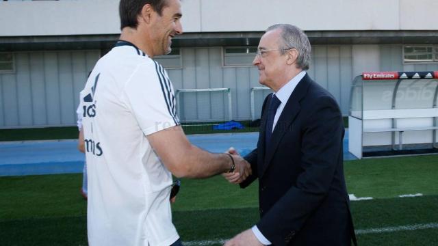 Florentino Pérez saluda a Julen Lopetegui