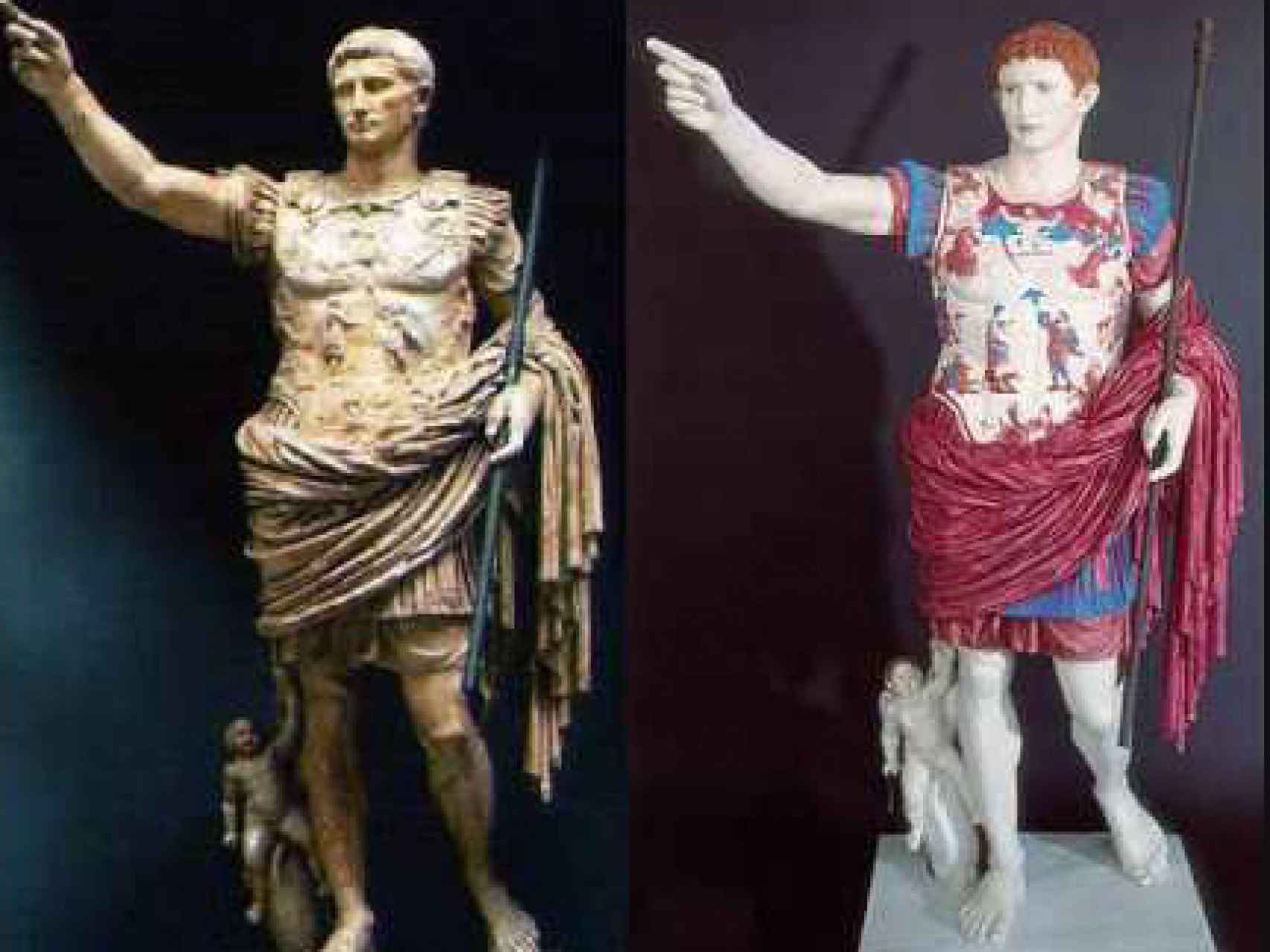 El Augusto de Prima Porta: estado actual (izquierda) y reconstrucción de su policromía (derecha).