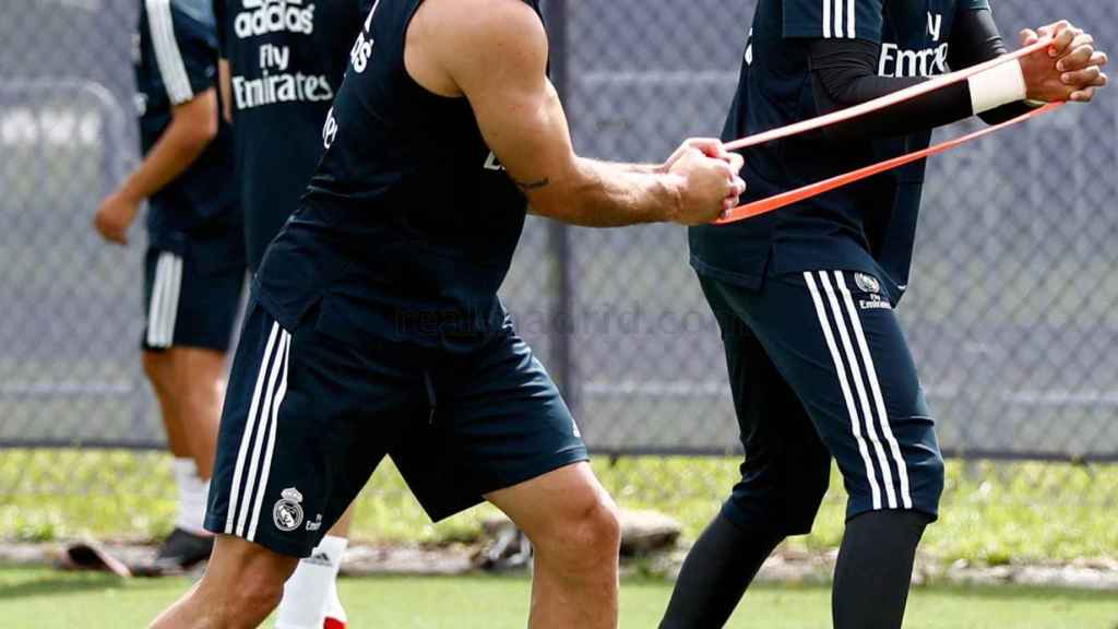 Carvajal y Keylor Navas en el primer entrenamiento del Real Madrid en Miami