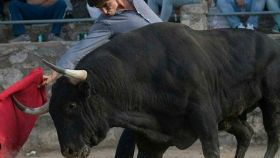 Manuel Rodríguez toreando un toro en un pueblo