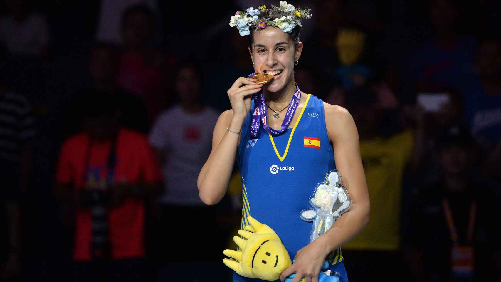 Carolina Marín, tras ganar el Mundial de Bádminton.