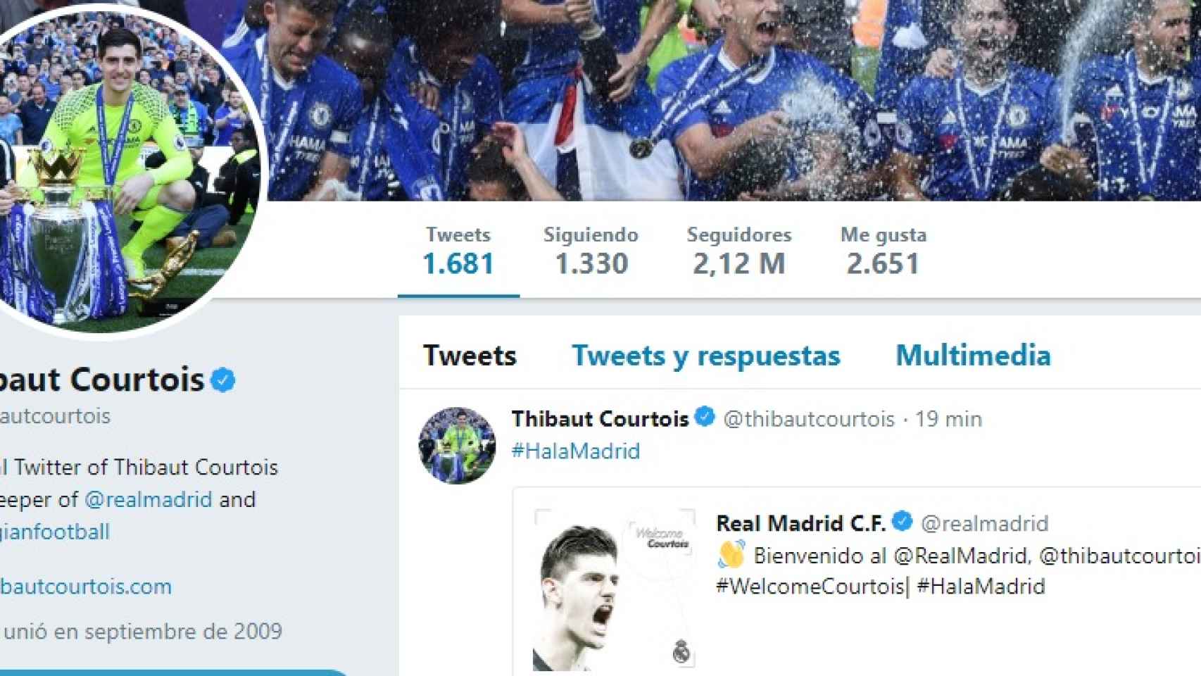 Courtois cambia su bio en Twitter