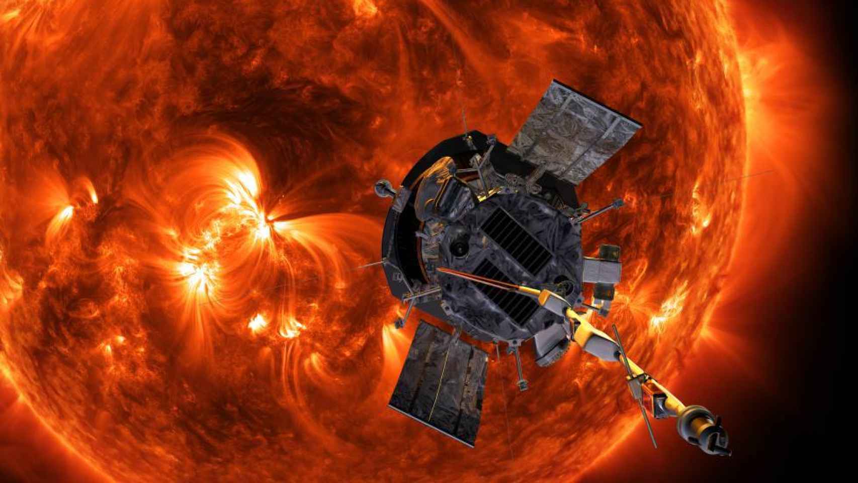 Ilustración de la nave Parker Solar Probe en frente del Sol.