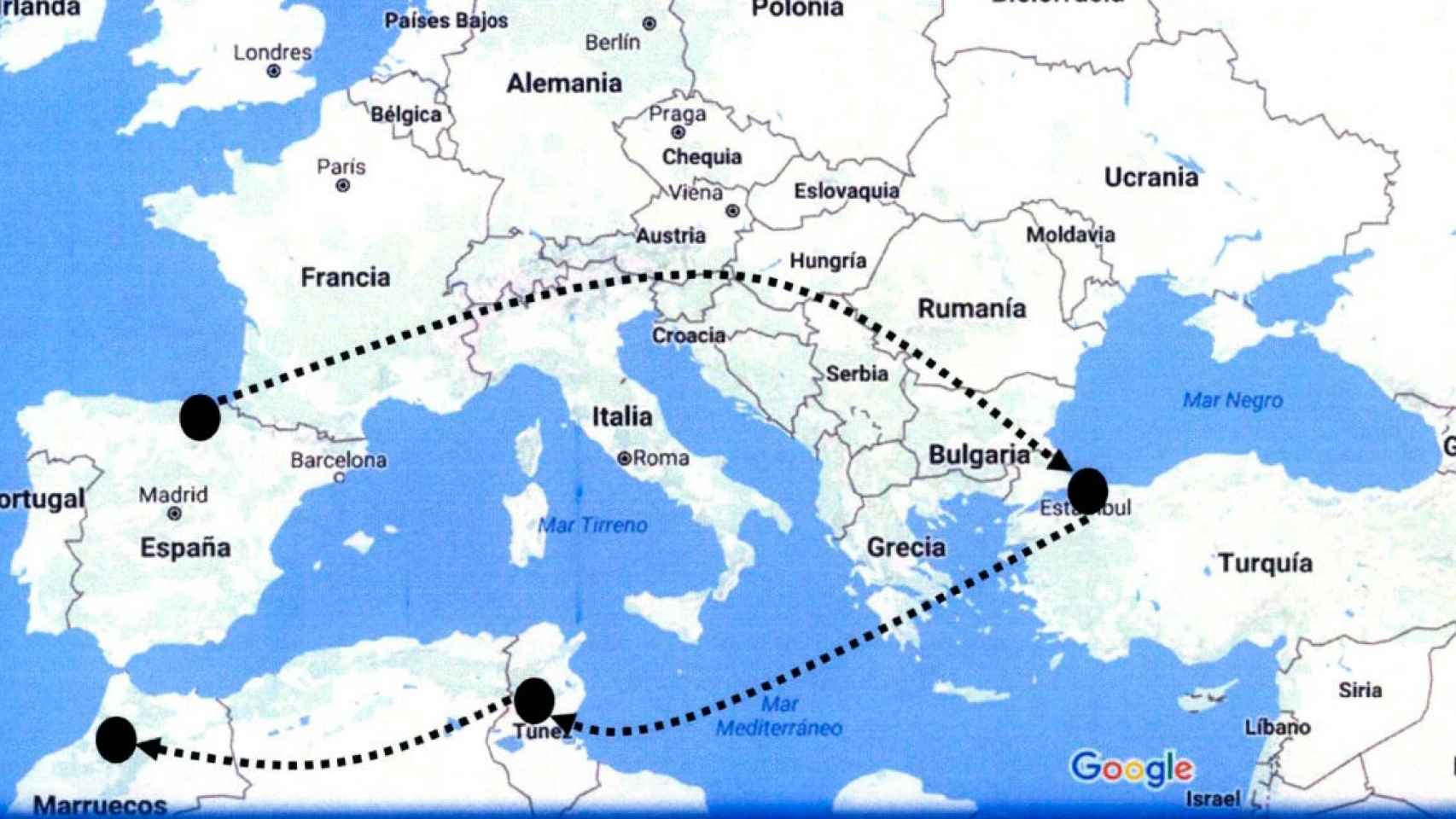Ruta del viaje de Yayah Nouri desde España a Turquía en un mapa de la Policía Nacional.