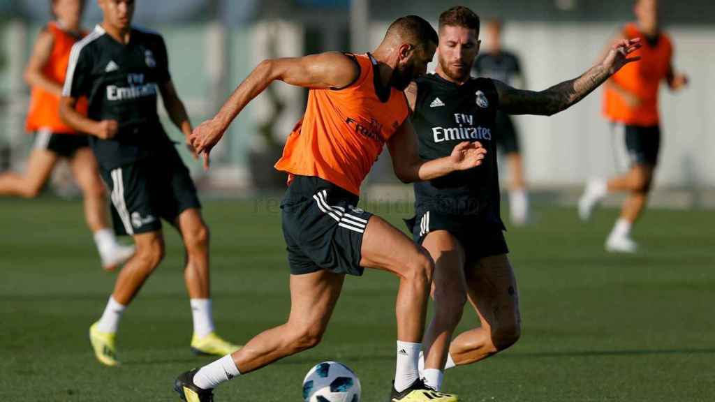 Benzema y Ramos entrenándose en Valdebebas